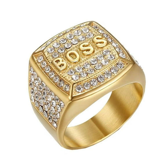 PAMTIER Men's Stainless Steel Jewelry Hip Hop Punk Micro Pave CZ Boss Ring Gold Size 8