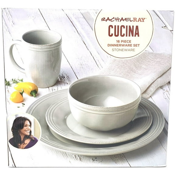 Rachael Ray 16-Pieces Cucina Stoneware and Ceramic Dinnerware Set, Gray