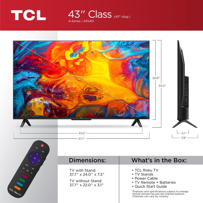 TCL 43S451 43" Class 4 Series 4K Uhd LED Television Type with Power Cable & TV Remote, 1 Pack color options