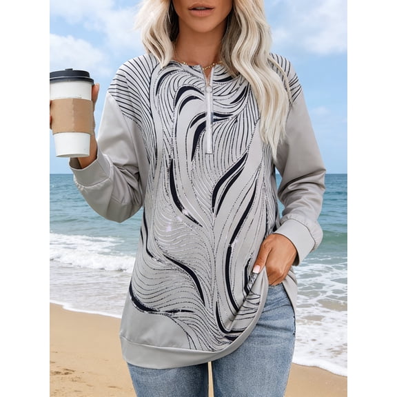 Nyfairy Women's Long Sleeve Half Zip Sweatshirt, Scoop Neck Floral Print Casual Pullover Top for Daily Wear