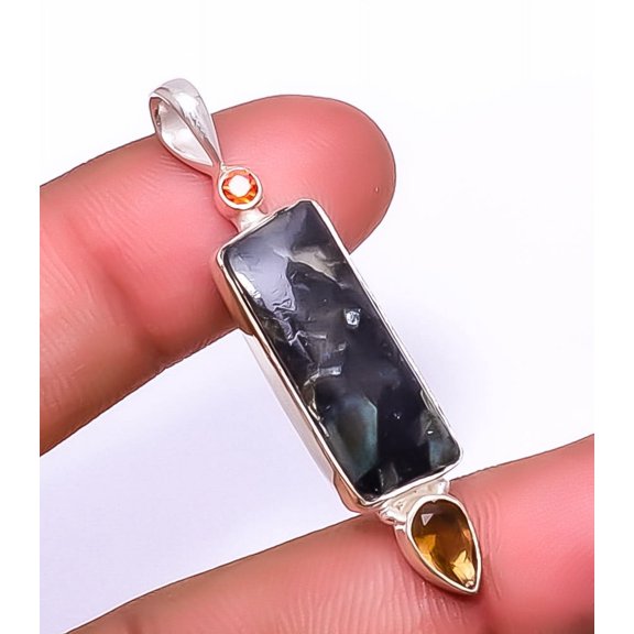 Emerald - Sakota Mines & Smoky Quartz (Simulated) 925 Sterling Silver Pendant 1.95" P748, Gemstone Jewelry, Birthday Gift, Beautiful Jewelry For Woman