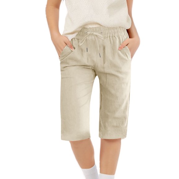CQONEPT Boys Pants Casual Lightweight Loose Fit Capri Pants Linen Beach Pants Elastic Waistband with Pockets Beige 8 Years