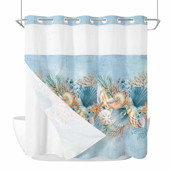 No Hook Shower Curtains with Snap-in Liner Set, Beach Coastal Blue Waterproof Hotel Style Bathroom Shower Curtain, Nautical Shell Starfish Coral Summer Breathable Mesh Top Bath Curtains 72''x72''
