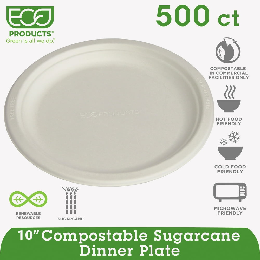 EcoProducts Natural Compostable Sugarcane 10 Inch Plates, 500 Plates