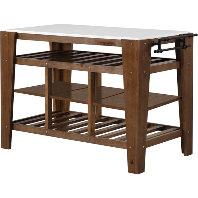 ACME Alaroa 3-Shelf Wooden Kitchen Island in Marble and Rustic Brown