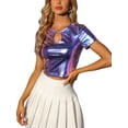 thumbnail image 2 of INSPIRE CHIC Metallic Crop Tops for Women's Keyhole Short Sleeve Halloween Party Shiny Holographic Top M Purple Blue, 2 of 5