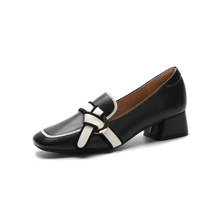 

Chunky Heel Square Toe Slip On Shoes Strap Metal Decor Lightweight Low Heels Women‘s Footwear