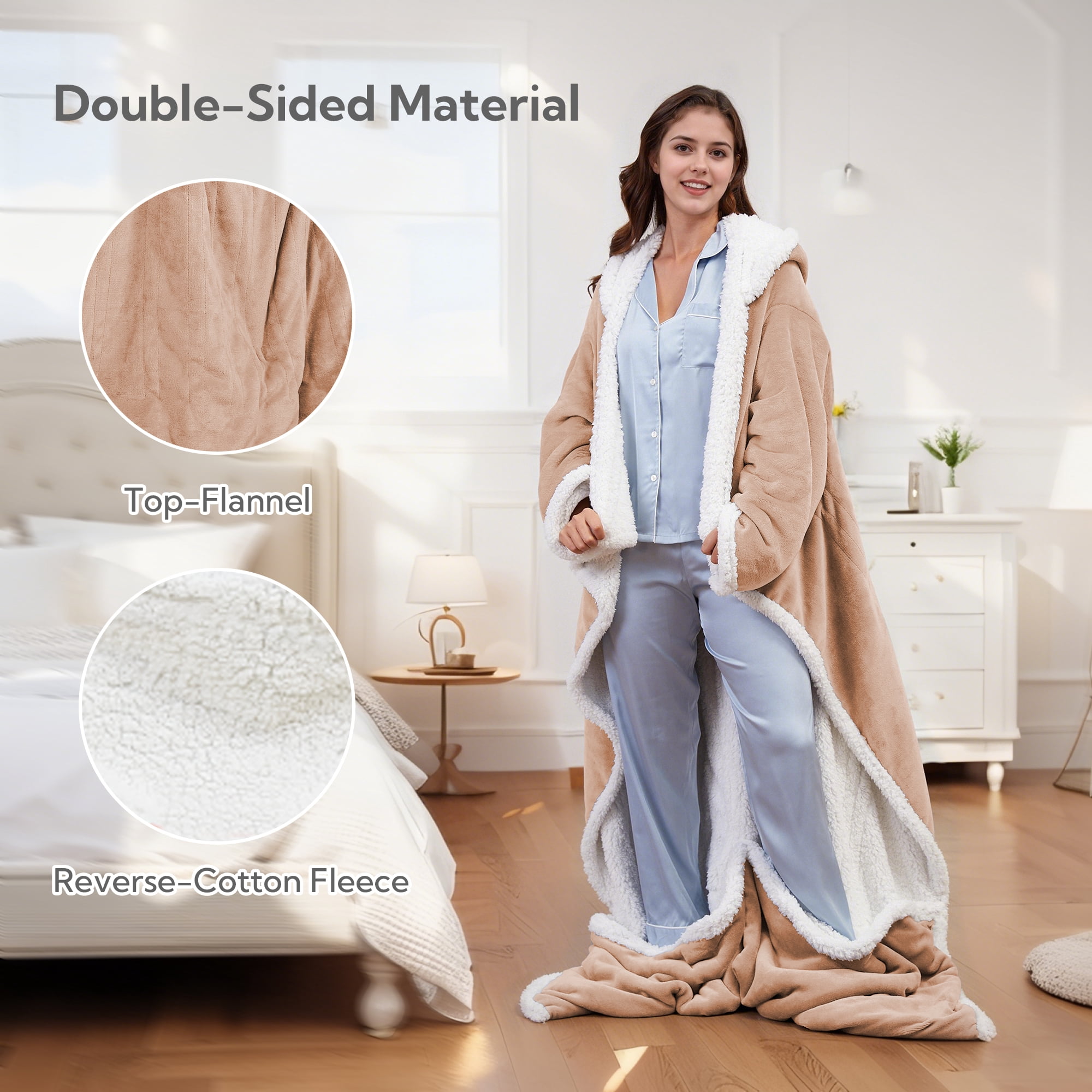 SUNNY HEAT Heated Wearable Blanket with Pockets and Hood, 50"x70",Soft Flannel & Sherpa,1-12H Timer, Machine Washable, Khaki