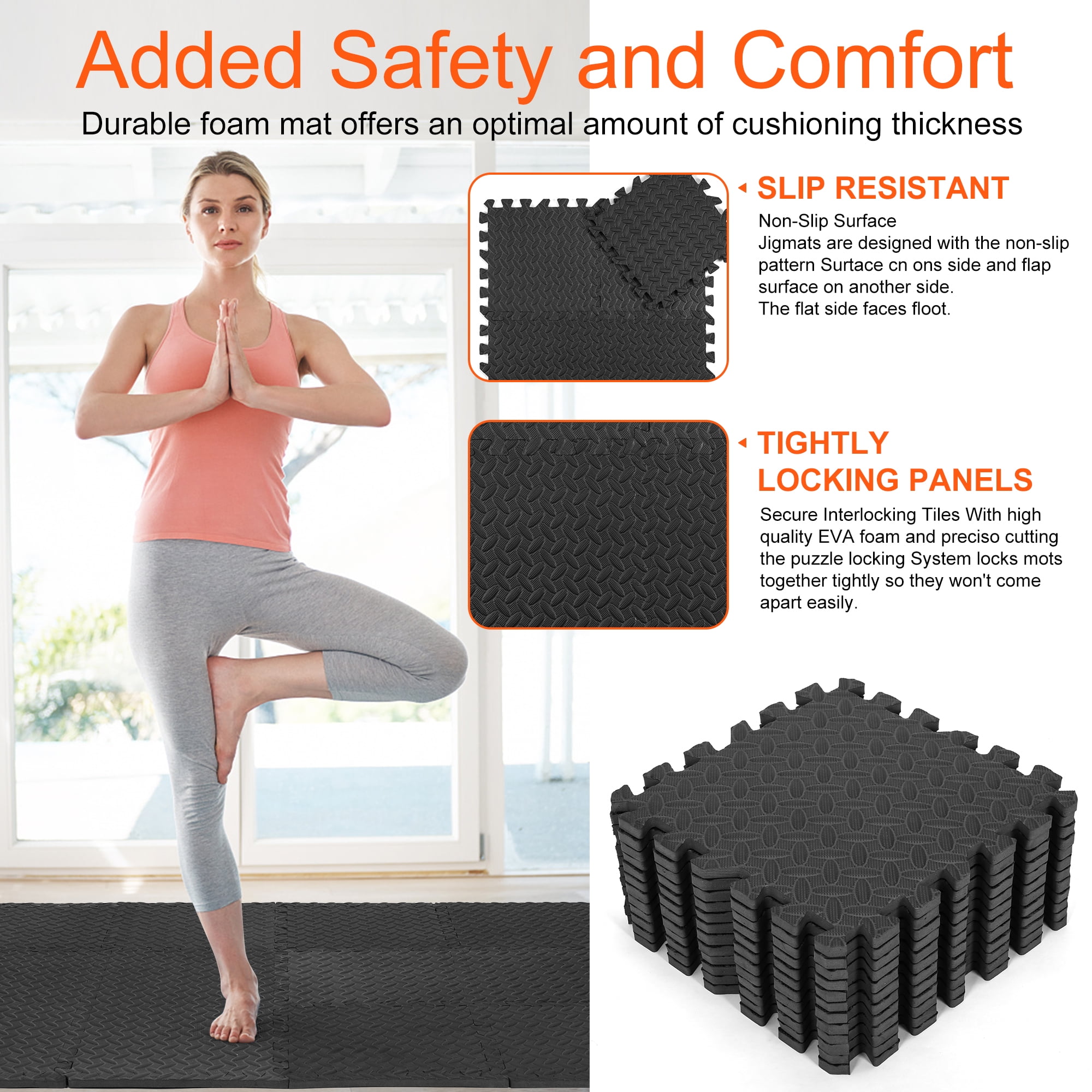 Hmount Deeroll 12pcs Interlocking Foam Floor Mat Suitable for Gym Outdoor/Indoor Protective Flooring Matting, Black, Size: 30