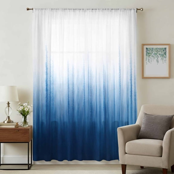 Blue Ombre Stripe Sheer Curtains 72 Inches Long, Abstract Art Gradient Watercolor Light Filering Curtains, Breathable Simi Curtain Privacy Drapes for Living Room Bedroom Lightweight Window Treatment