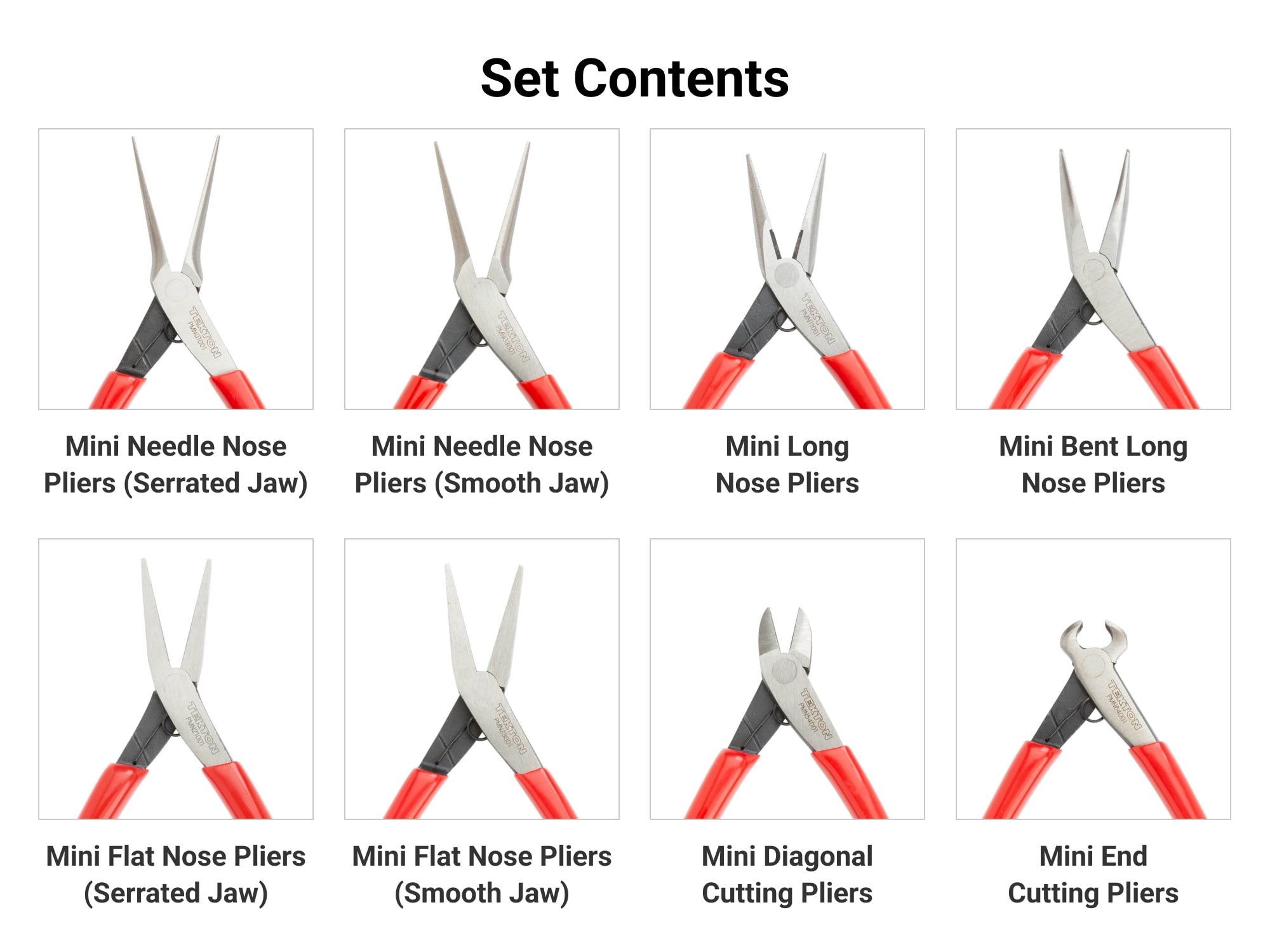 TEKTON Mini Pliers Set with Pouch, 8-Piece (Needle Nose, Long Nose, Flat Nose, Cutting) | PMN99910