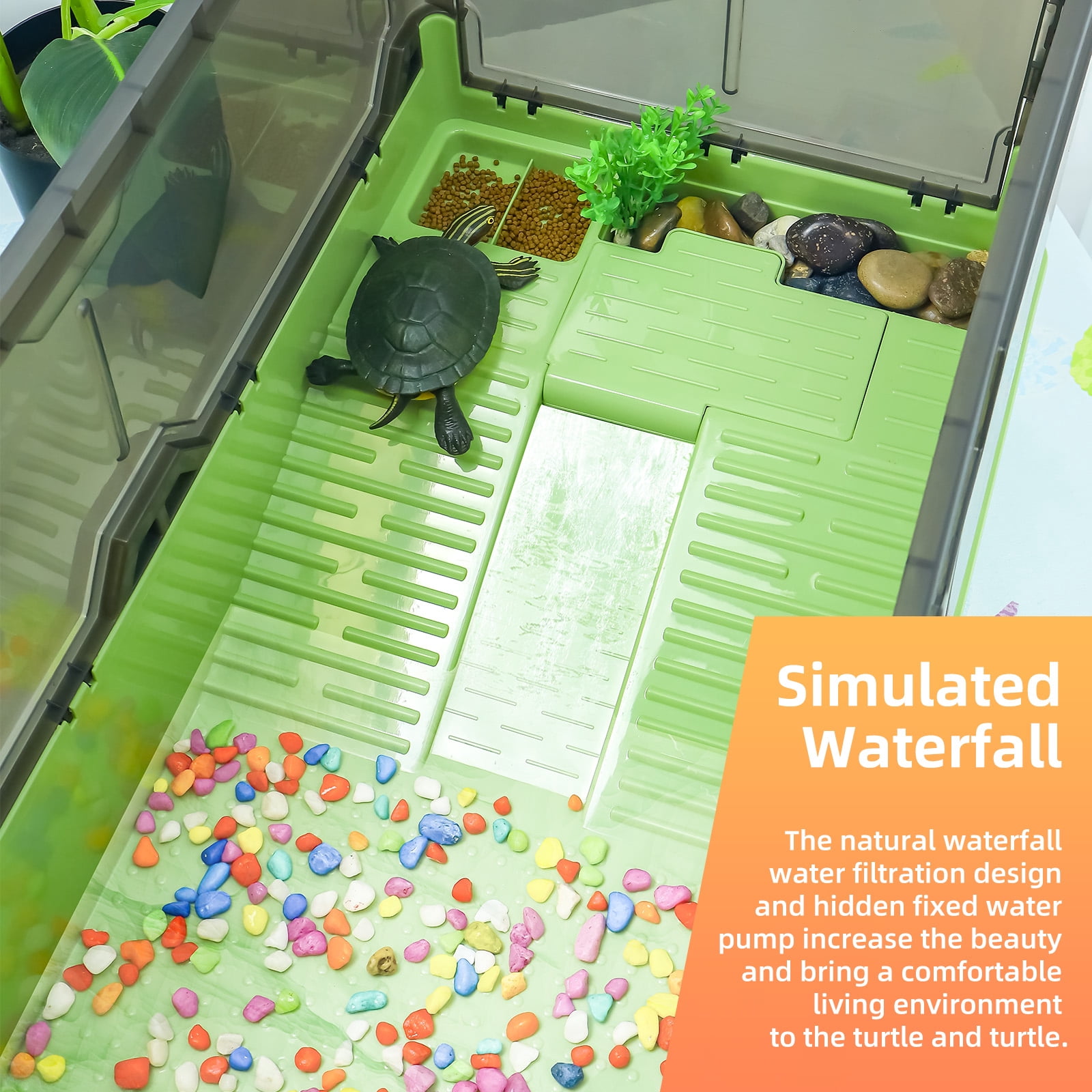 Turtle Tank Kit Complete Turtle Habitat with Advanced Filtration, Waterfall Play, Multi-Zone Living, Heat Lamp,Easy Water Change for Turtle Aquarium and Hermit Crab Tank（Green,18 In）