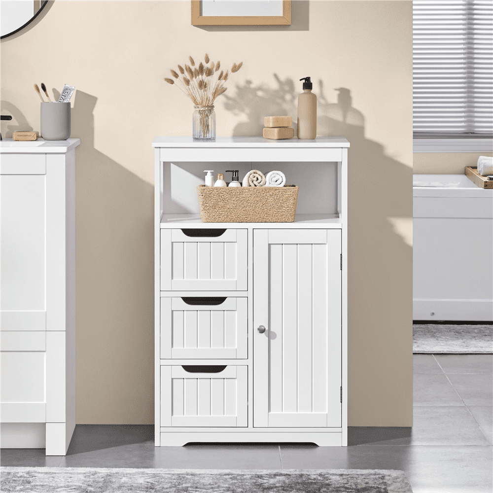 Alden Design Wooden Floor Cabinet Bathroom Storage Organizer Multiple Tiers Shelves Cabinet for Bedroom Bathroom Living Room Cabinet,White