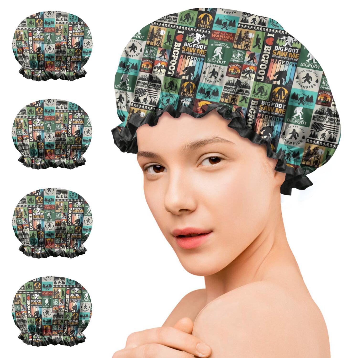 Shower Caps,Multicolor Bigfoot and Text Pattern Waterproof Shower Cap for Women 4 Pieces,Double Reusable Hair Cover for Shower PEVA Elastic Stretch Hem