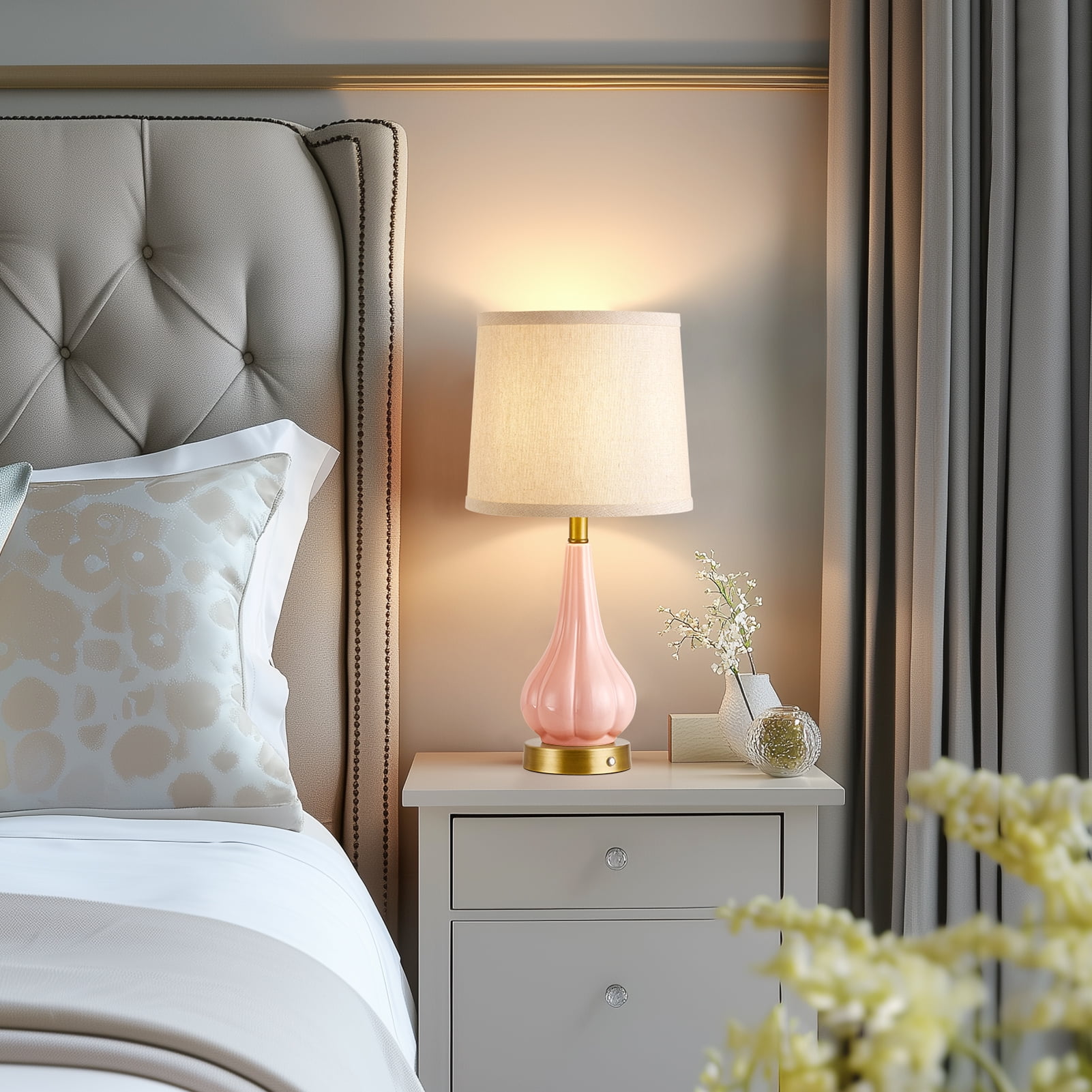RORIA 18"Pink Ceramic Table Lamps Set of 2, Powered By a 5000mAh Rechargeable Battery, With Touch Controlled Dimming, Suitable for Living Rooms, Bedrooms, and Nightstands