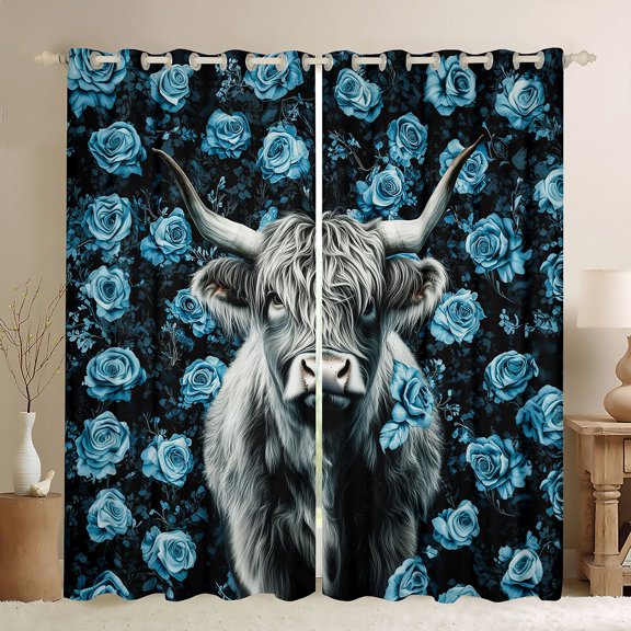 jejeloiu Blue Rose Highland Cow Black Out Curtains Kids,Floral Farm Print Curtains Pack of 2 (42x63 Each)