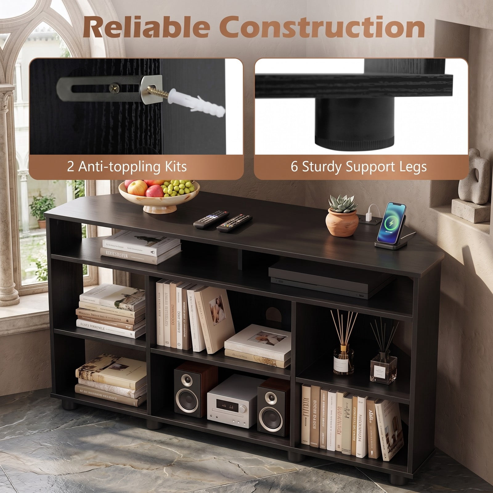 Furnibear Corner TV Stand for TVs up to 55 Inch, Entertainment Center with Charging Station, 3 Adjustable Shelves, Wood Media Console Side Cabinet for Living, Black