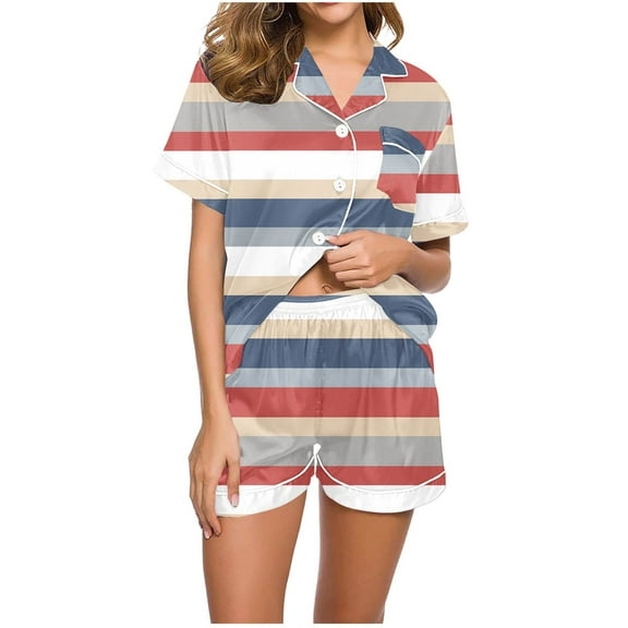XuJwPNcy Woman Pajama Set Shorts Lapel V Neck Button down Sleepwear Shorts Lounge 2 Piece Outfits Soft Loungewear