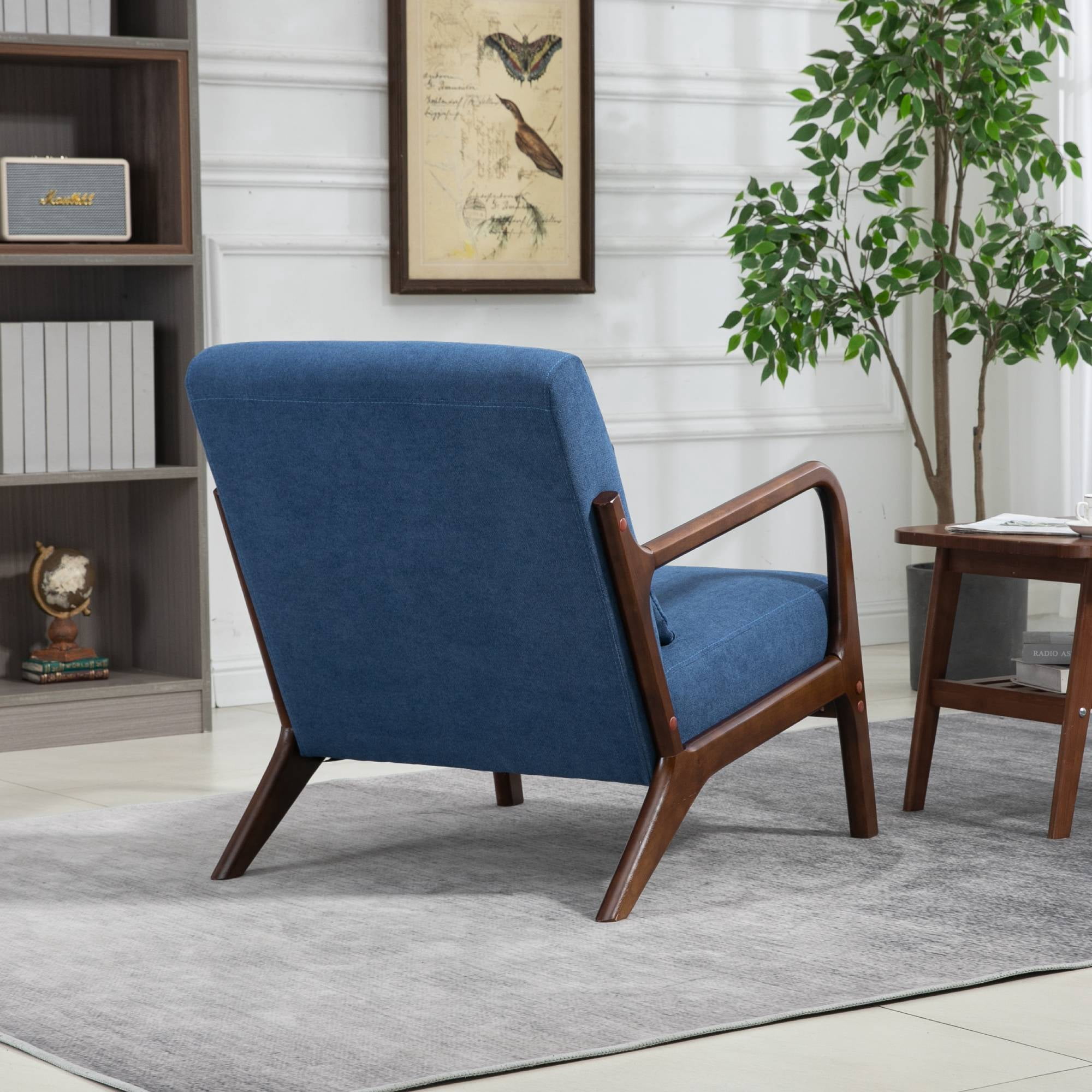 Mid-Century Modern Accent Chair with Pillow Velvet Lounge Arm Chair Comfy Reading Chair with Solid Wood Frame for Living Room, Bedroom, Blue