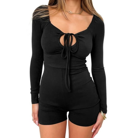 

Nokpsedcb Women Short Sleeve Bodycon Jumpsuit Knitted Buttons One Piece Rompers Pajama Overall Playsuit Black L