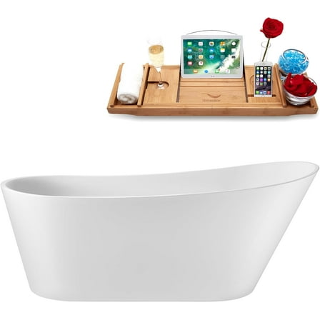 67" Streamline G-44-205-BGL Soaking Glossy White Freestanding Tub and Tray With Internal Drain in Brushed Gold