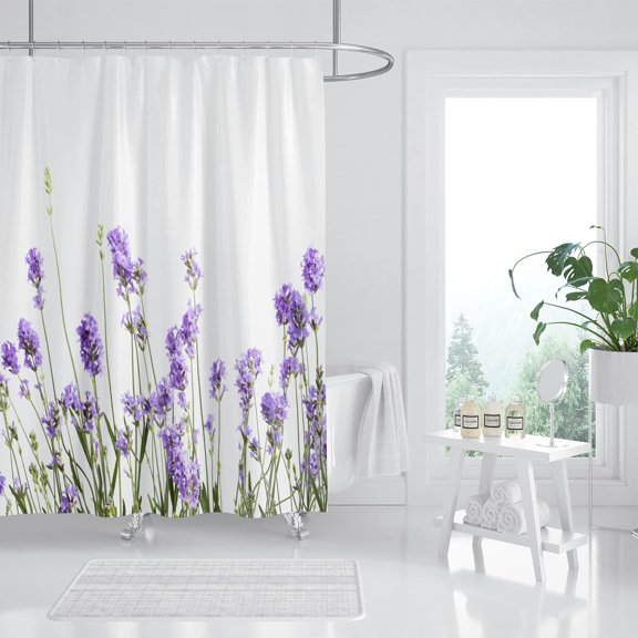 Lavender Shower Curtain, Purple Lavender Floral Shower Curtain Set, Watercolor Plant Leaves Flower Shower Curtains for Bathroom, Waterproof Fabric with 12 Hooks, 72 x 72 Inches