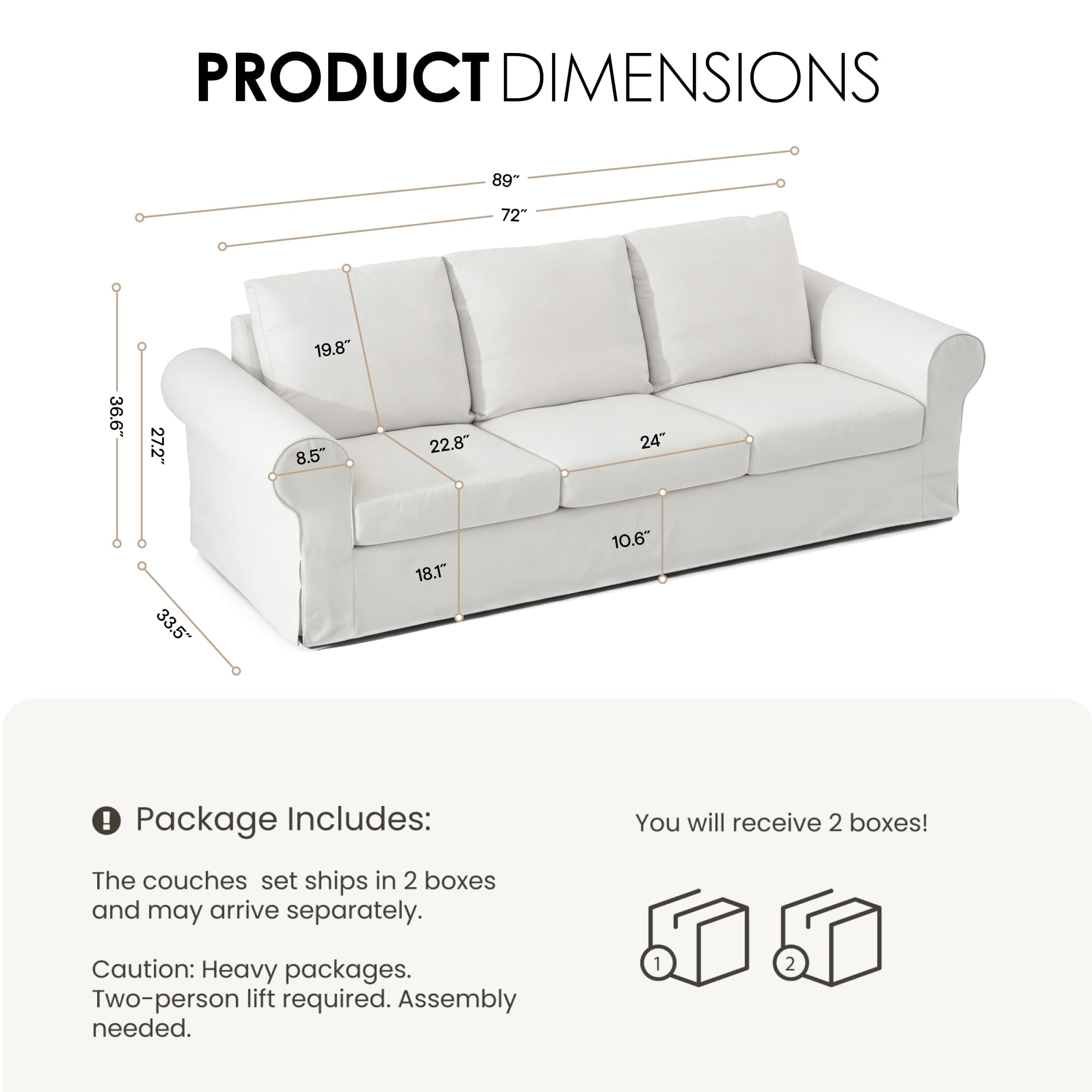 89" Farmhouse 3-Seater Sofa, Deep Seat Couch with High Back Support, Washable Removable Cover, Rolled Arms, White