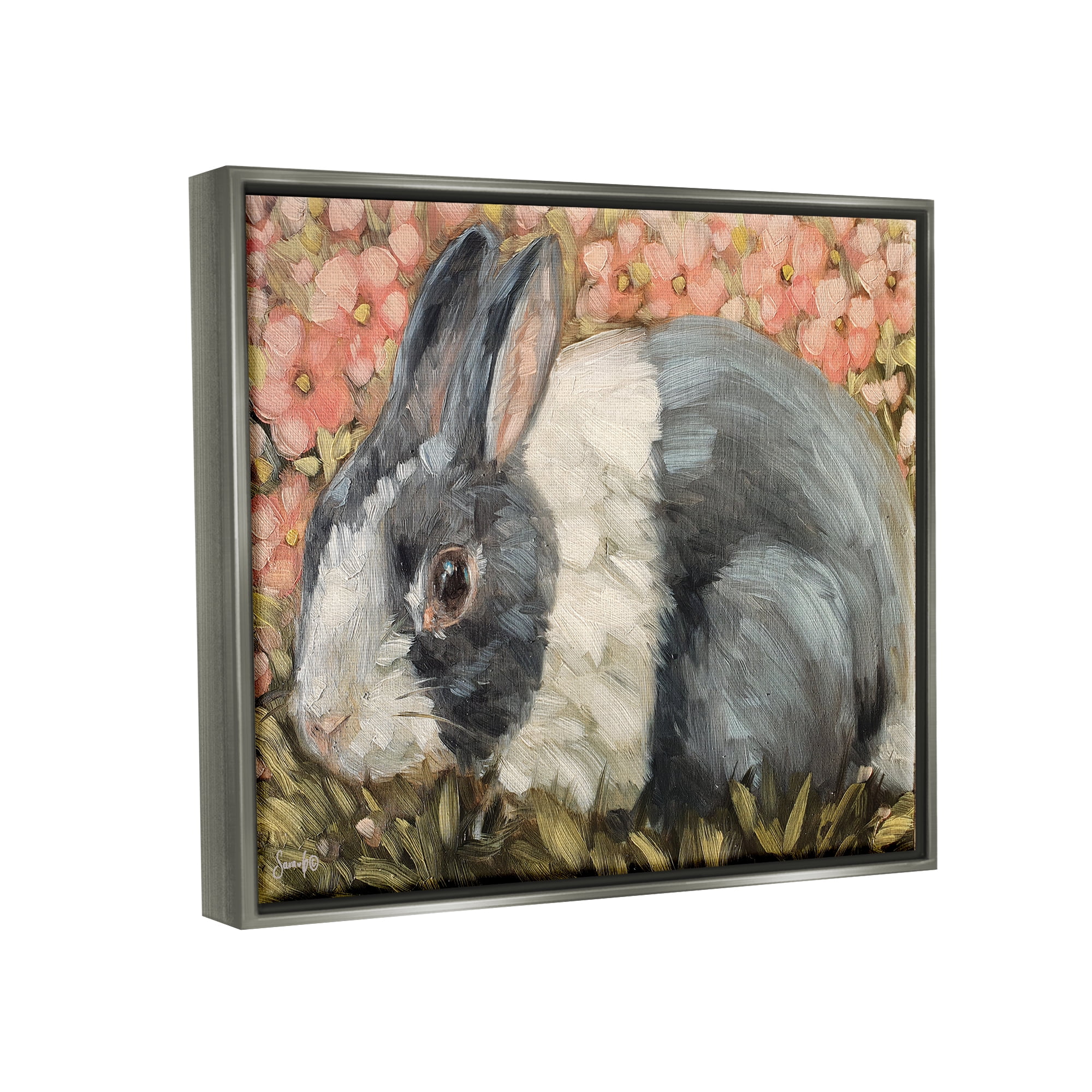 Stupell Wild Rabbit Pink Blooming Meadow Animals & Insects Painting Gray Floater Framed Art Print Wall Art