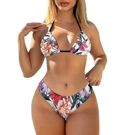 COEQINE Triangle Bathing Suit Top for Women 2 Piece Spandex High Leg Bottoms Bikini Set Multicolour Hibiscus Flower Leaf White Sexy Allover Print Beachwear  XS