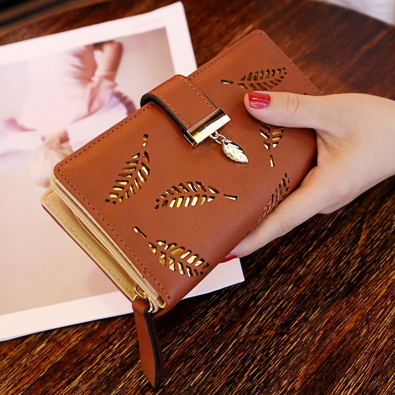 Womens Long Leaf Bifold Wallet Leather Card Holder Purse Zipper Buckle Elegant Clutch Wallet Handbag