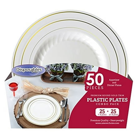 Florentine Bone China - Premium China dishes design Combo Heavy-weight Bone with Gold Trim Round Plastic Party Plates | 50 Count - 25 x 7