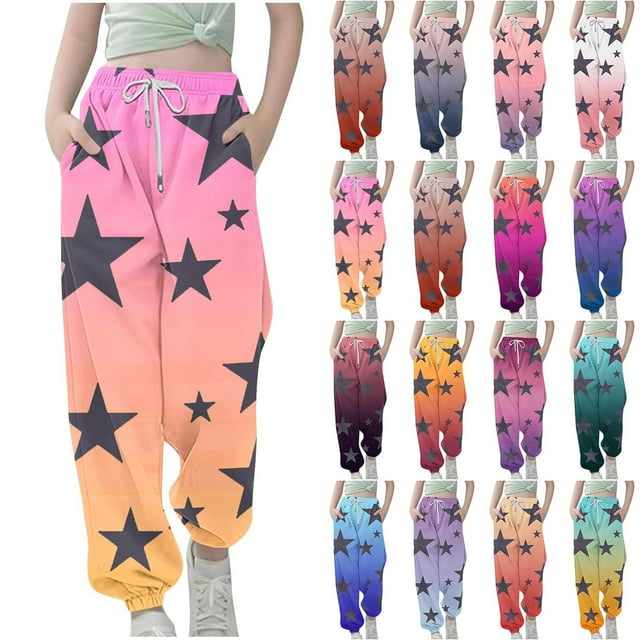 QIUOMBBP Cadeaux pour Adolescentes Pantalon Jogger Mignon à Imprimé d'Étoiles Décontracté à Cordon Ample Bas Resserré Pantalon de Survêtement avec Poches Vêtements de Rentrée, Violet, 120