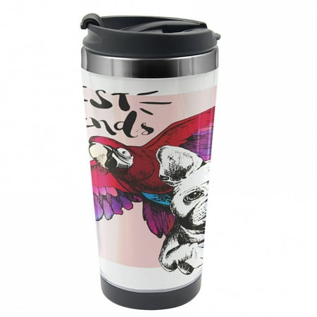

Modern Travel Mug Bulldog Parrot Friends Steel Thermal Cup 16 oz by Ambesonne
