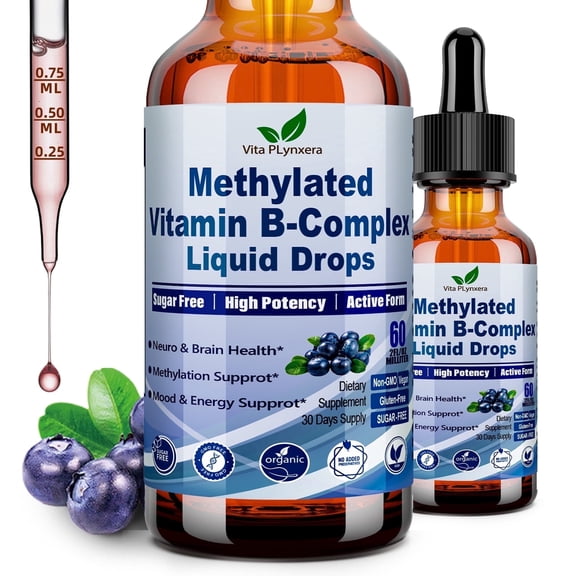 Methylated B-Complex Liquid Drops | Complete 9-in-1 Formula with Methyl B12 & Methylfolate | for Energy, Mood & MTHFR Support | Includes Choline, Inositol, TMG | VitaPLynxera, 2 Fl Oz