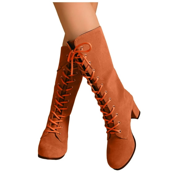 Womens Suede Knee High Boots Comfortable Lace Up Chunky Mid Heel Fall Winter Dress Long Booties