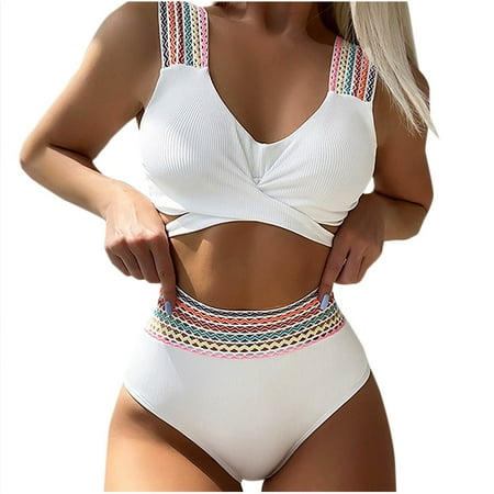 RYDCOT Women High Waisted Bikini Sets Tummy Control Swimsuits Two Piece Bathing Suit 2025 Color Block Bohemia Summer Beach Swimwear Sale