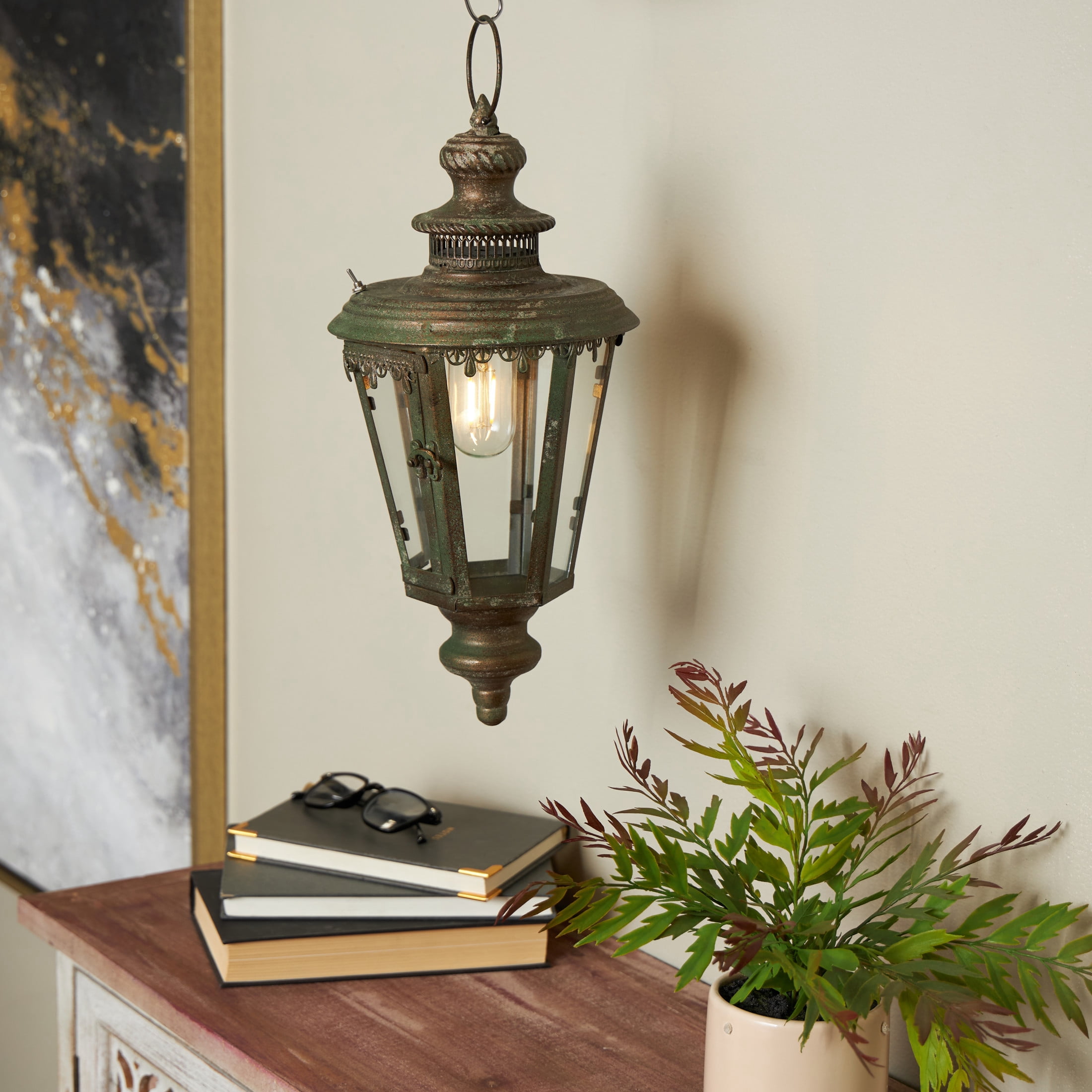 DecMode 16" Lighthouse Style Decorative Floral Brown Accent Lamp with Clear Glass Shade