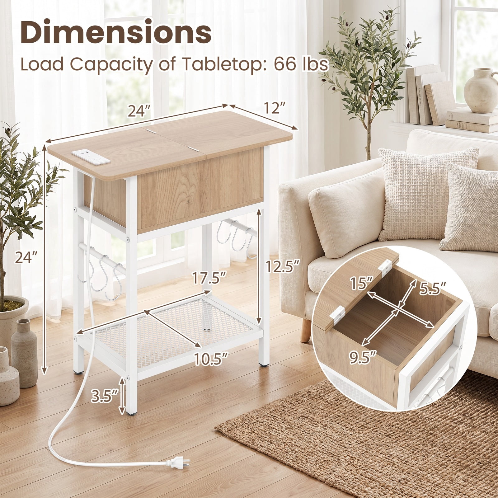 Furnibear Set of 2 End Table with Charging Station and Hidden Compartment USB Type C Ports and Bottom Shelf for Living Room Bedroom, Natural