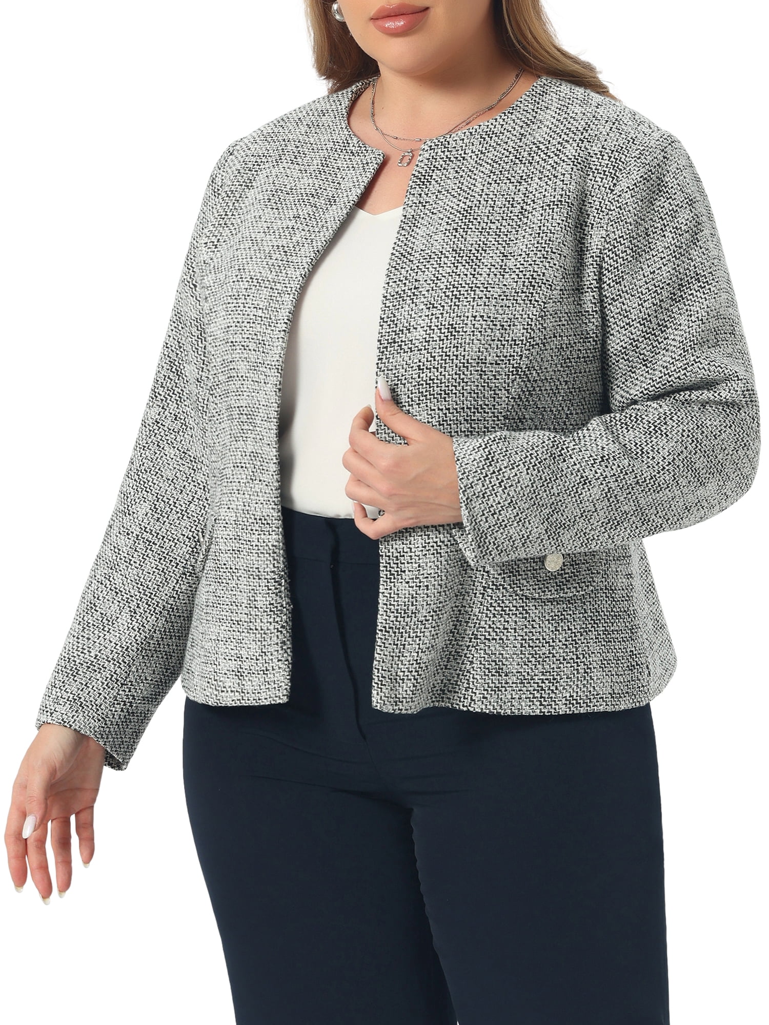 DARING DIVA Women's Plus Size Blazer Collarless Long Sleeve Open Front Jacket 4X Black White
