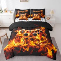 Manfei Game 7pcs Bedding Comforter Set,Vintage Gamepad Controller Queen Bedding Sets,Orange Flame Queen Sheet Sets For Boy,Microfiber Room Decor Reversible