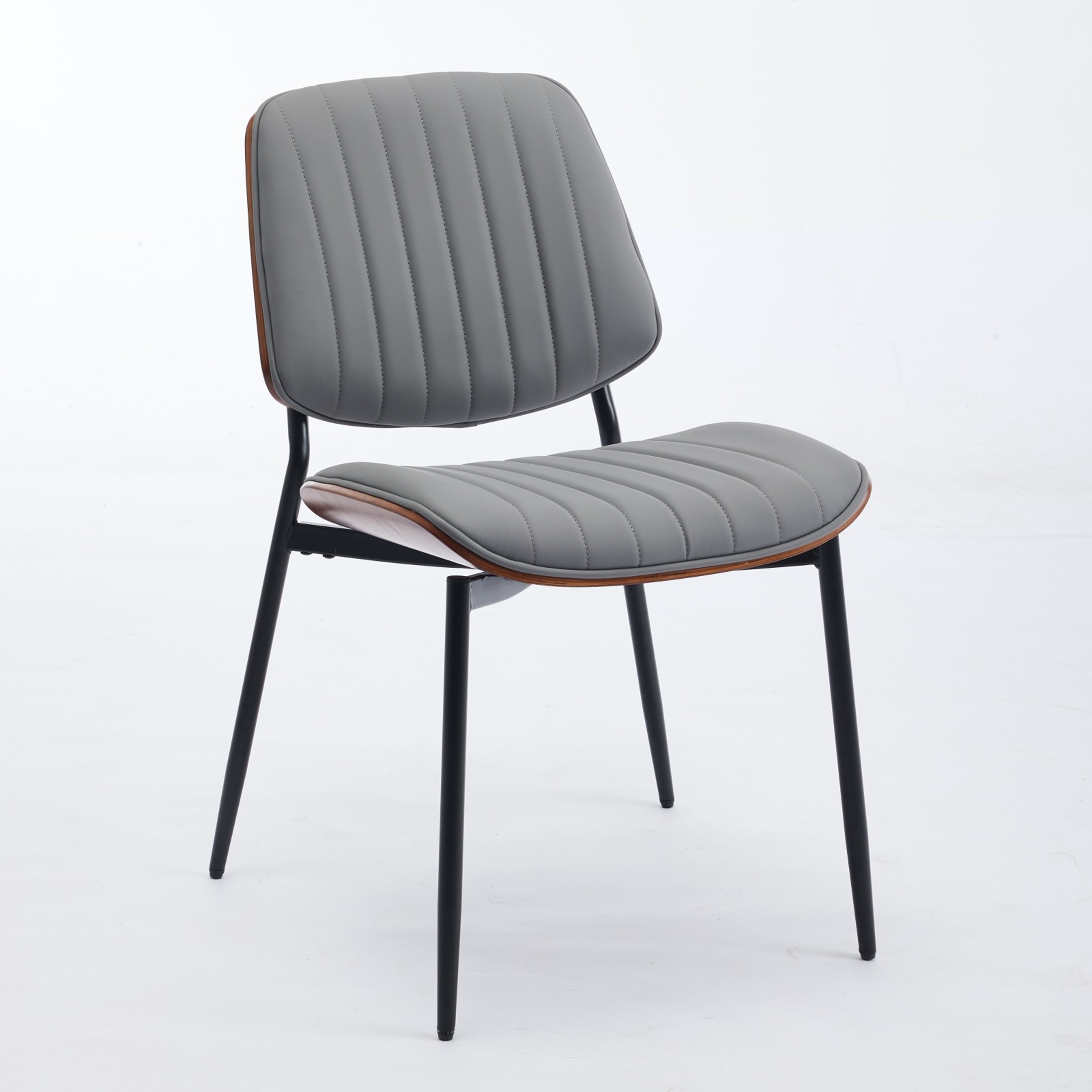 Mid-Century Upholstered PU Dining Chairs with Walnut Bentwood Back and Metal Tapered Legs, Gray, Set of 2