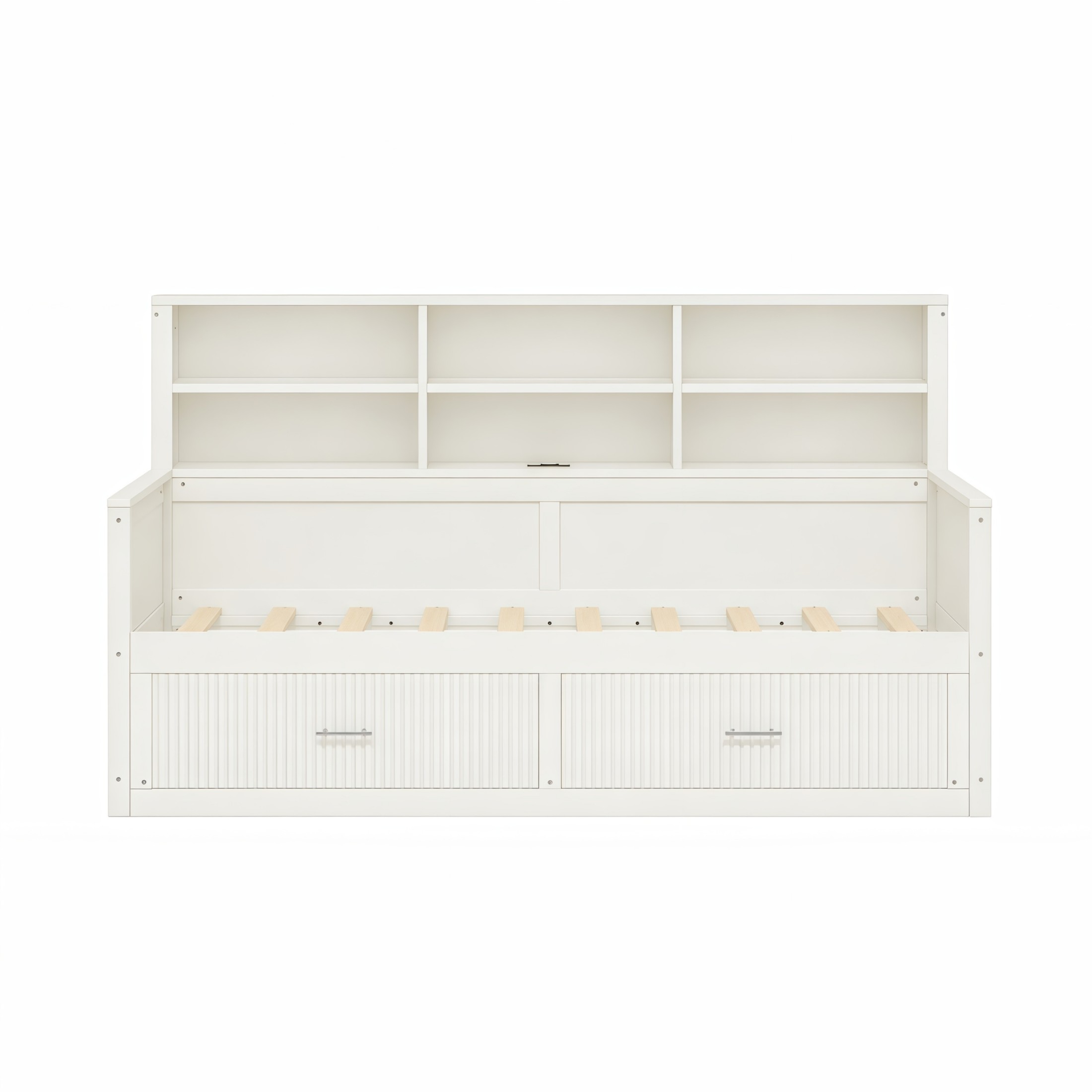 GDF Studio Josha Twin-Size Wooden Daybed with Bookcase Headboard, Storage Drawers & Built-In Charging Station, White