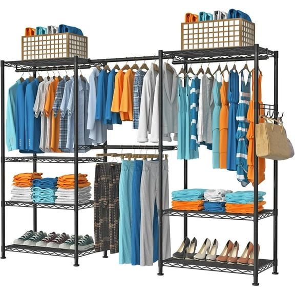 Clothes Rack for Hanging Clothes, Adjustable Heavy Duty Clothing Rack with 4 Hang Rods & 7 Shelves, Load 800LBS, 70.47" L x 13.58" W x 76.77" H, Black