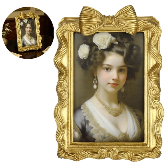 Vintage Picture Frame, 6 Inch Gold Resin Desktop Photo Holder with Bowknot Design, Decorative Tabletop Display, Wall Hanging Art Decor for Home, Living Room, Bedroom