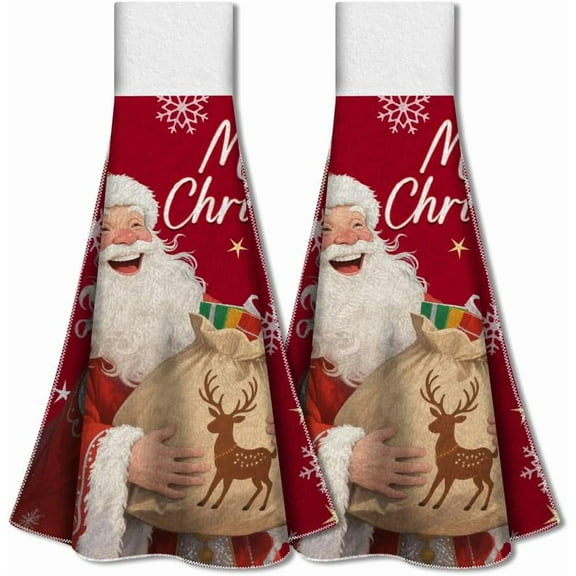 2 Pack Christmas Santa Claus Kitchen Hanging Towels with Loop Merry Christmas Hand Tie Towel Microfiber Soft Absorbent Hanging Dish Tea Washcloth 12.4x13.5 Inch for DIY
