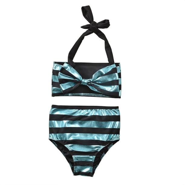 Conjunto de Bikini para niña bebé, traje de baño de rayas brillantes, Tops Halter para niños, pantalones cortos de cintura alta, traje de baño, ropa de playa, 6-12 meses, azul Feliz Sencillez