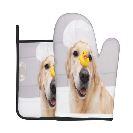 

Lukts The Dog Is Sitting In A Bubble Bath Print Kitchen Heat-Resistant Gloves and Spacers 2pcs Set Suitable for Baking and Cooking