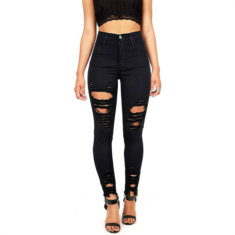 Dicasser Women's High Waisted Stretch Ripped Skinny Jeans Juniors Destroyed  Butt Lifting Denim Pants Black M