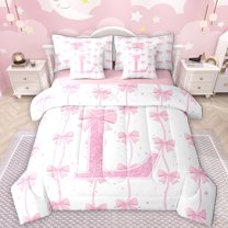 Manfei Monogrammed L Theme 7-Piece Bedding Comforter Set,Ribbon Bow Tie King Bedding Sets,Pink Sequin Print Bed Sheets For Girl Teens,Ultra Soft Bedroom Decor Reversible