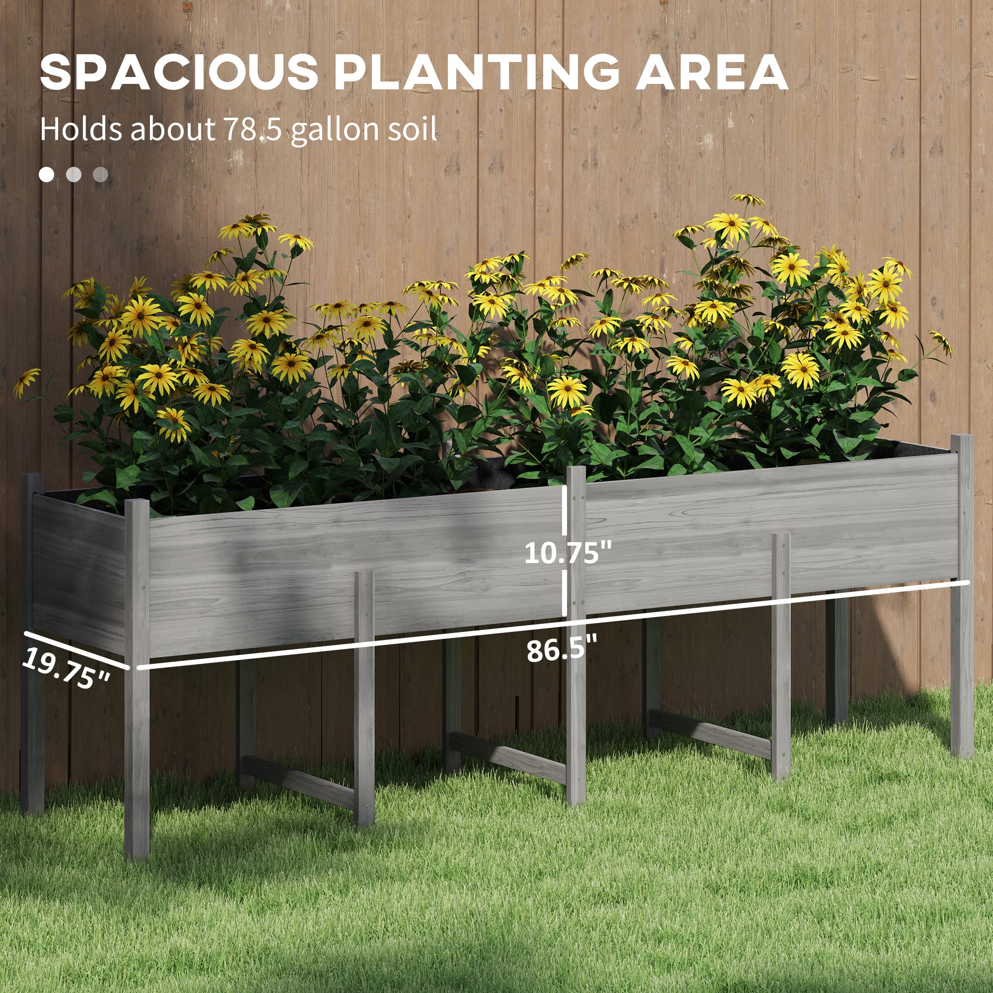 Outsunny 7.4' x 1.8' x 2.6' Raised Garden Bed Kit, Extra Large Elevated Wood Planter Box with Legs & Drainage Holes, 220 lbs. Capacity, Gray